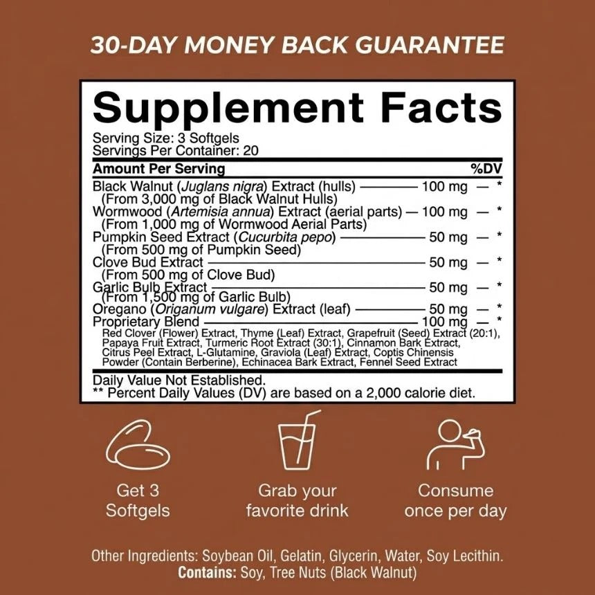 Everly Wormwood Black Walnut Cloves Softgels - Promotes Internal Cleansing & Digestive Wellness